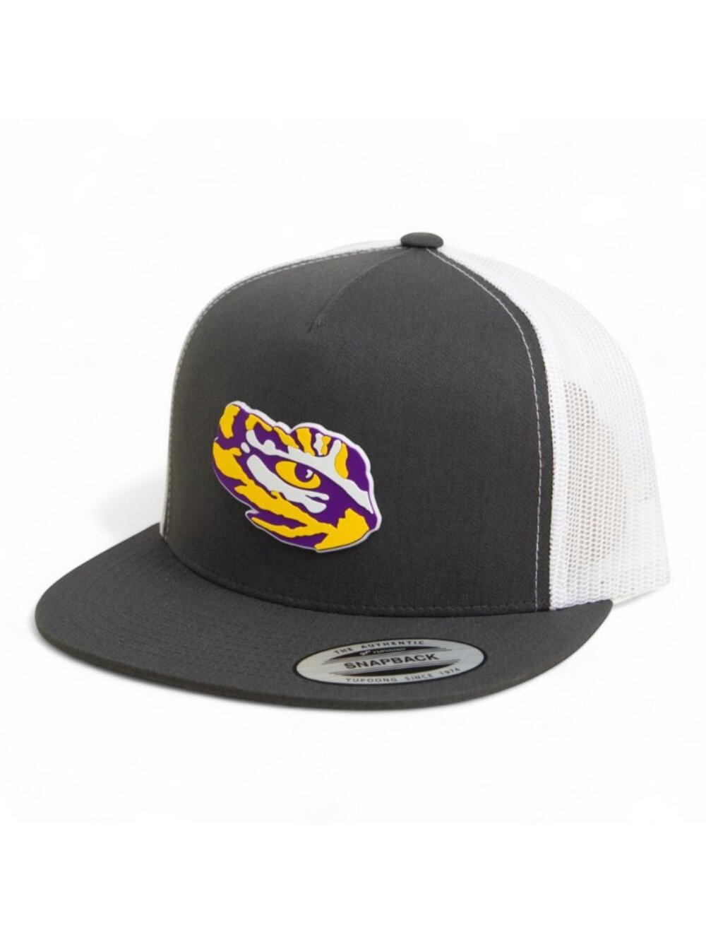 LSU Tiger Eye Snapback Flat Bill Trucker Hat- Charcoal/ White